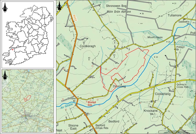 map image with 3 different zoom levels, biggest pane showing Drombeg site based between Knockane, Coolkeragh and Mount Hayes.